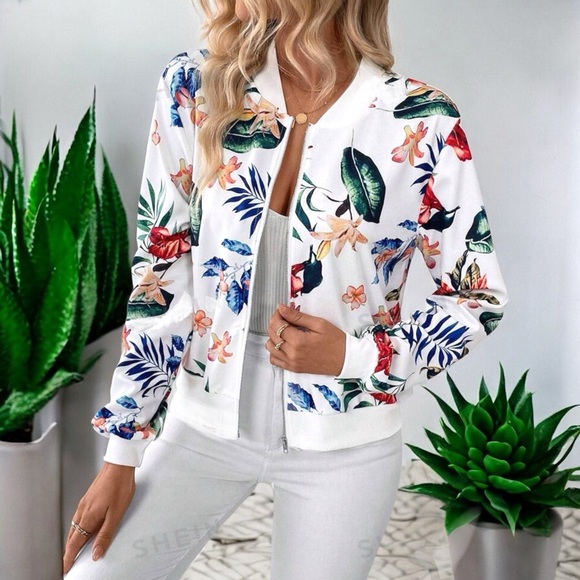 New Women's Tropical Plant Print Baseball Collar Jacket - Picture 4 of 16
